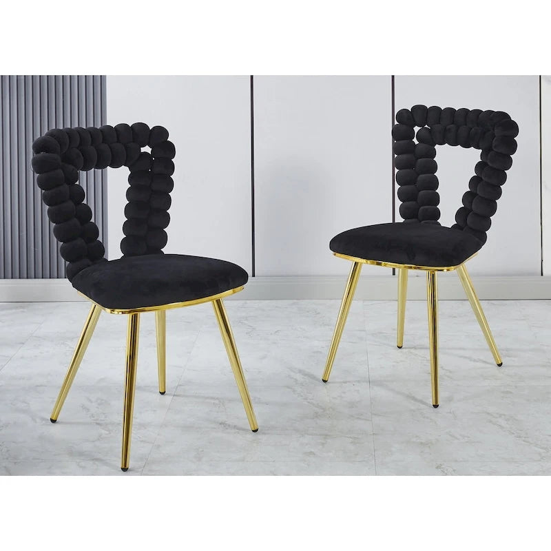 Bubble Back Velvet Accent Dining Chair with Gold Stainless Steel Legs, Set of 2, Black