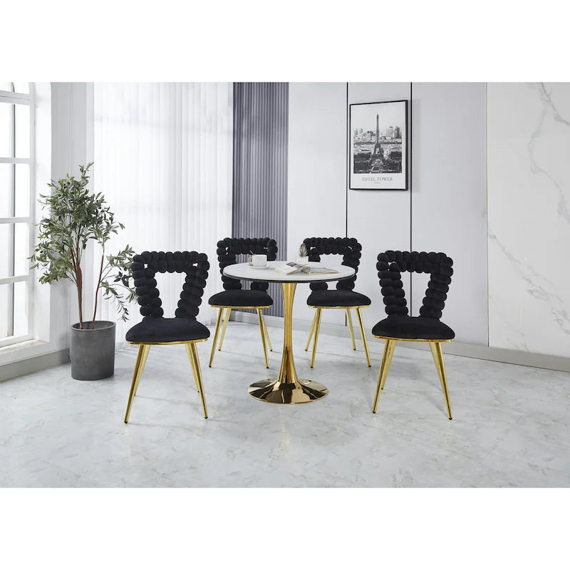 Bubble Back Velvet Accent Dining Chair with Gold Stainless Steel Legs, Set of 2, Black