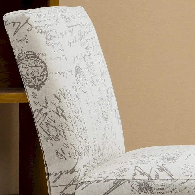 French Script Print Armless Accent Slipper Chair with Espresso Wood Legs, Taupe Cream
