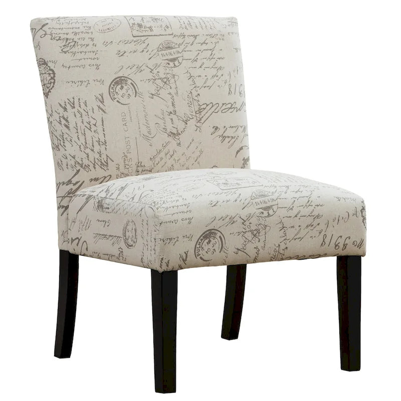 French Script Print Armless Accent Slipper Chair with Espresso Wood Legs, Taupe Cream