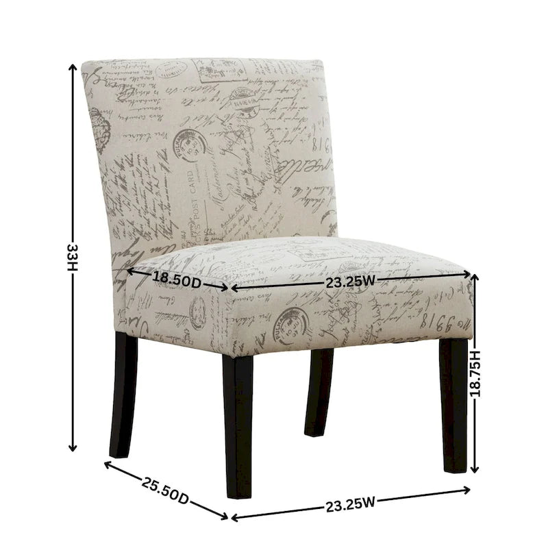 French Script Print Armless Accent Slipper Chair with Espresso Wood Legs, Taupe Cream