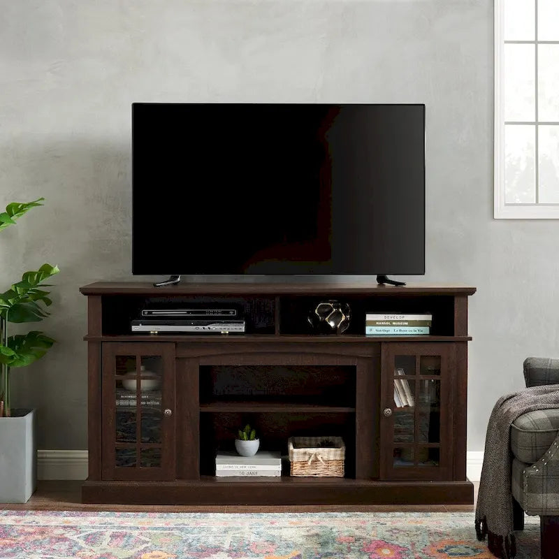 58-Inch Espresso TV Stand with Glass Door Cabinets and Open Shelves, Fits TVs up to 65"