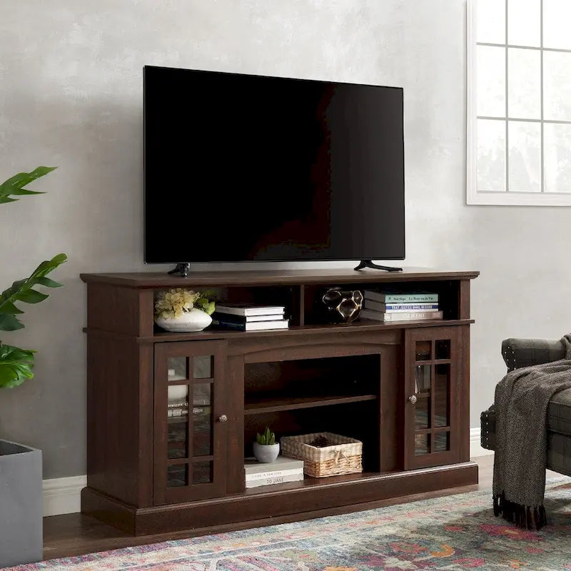 58-Inch Espresso TV Stand with Glass Door Cabinets and Open Shelves, Fits TVs up to 65"