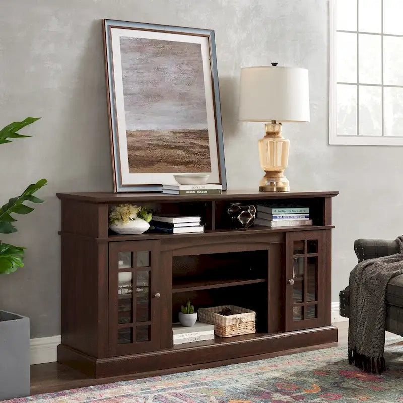 58-Inch Espresso TV Stand with Glass Door Cabinets and Open Shelves, Fits TVs up to 65"