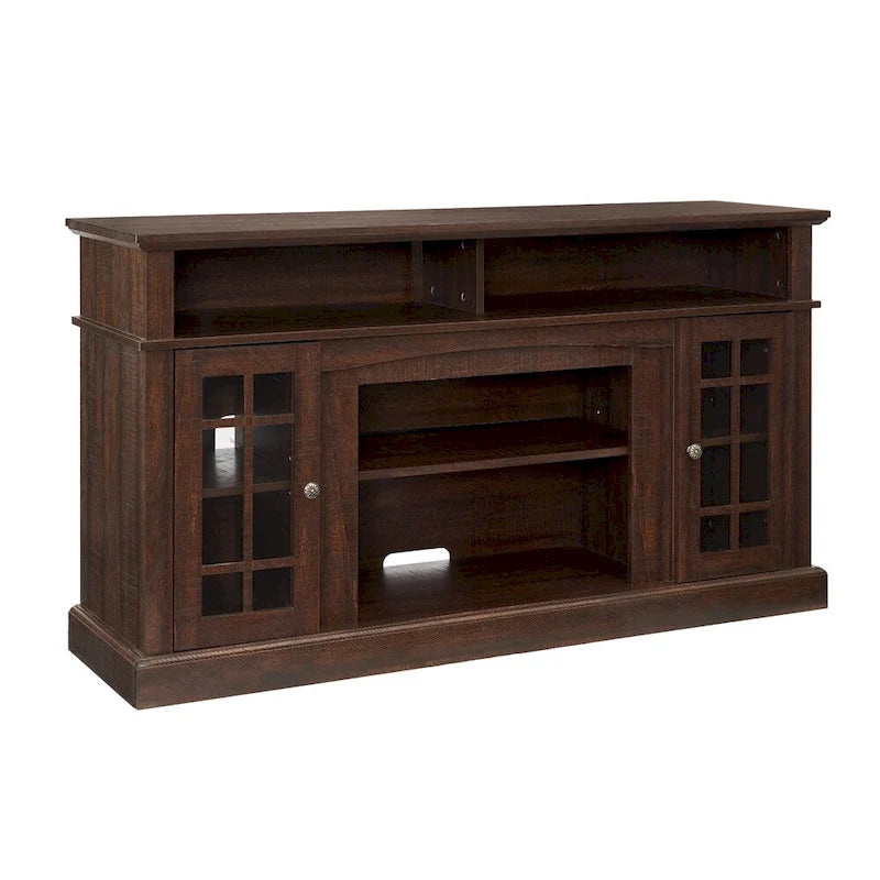 58-Inch Espresso TV Stand with Glass Door Cabinets and Open Shelves, Fits TVs up to 65"