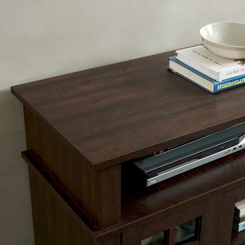 58-Inch Espresso TV Stand with Glass Door Cabinets and Open Shelves, Fits TVs up to 65"
