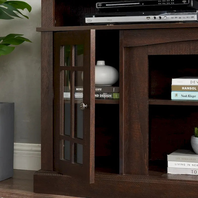 58-Inch Espresso TV Stand with Glass Door Cabinets and Open Shelves, Fits TVs up to 65"