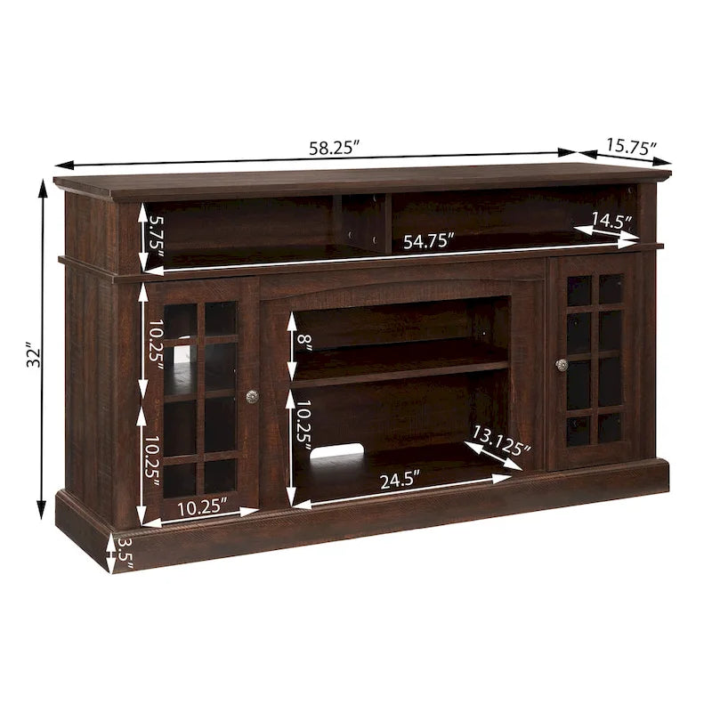 58-Inch Espresso TV Stand with Glass Door Cabinets and Open Shelves, Fits TVs up to 65"