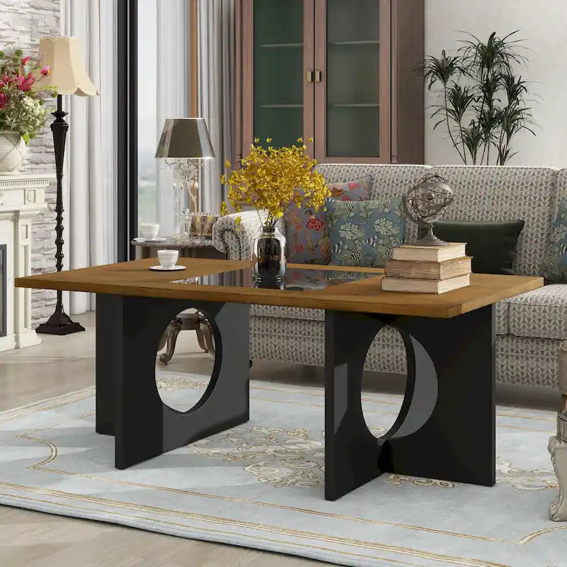 47-Inch Rectangular Coffee Table with Tempered Glass Insert and Circle-Cutout Base, Black Brown
