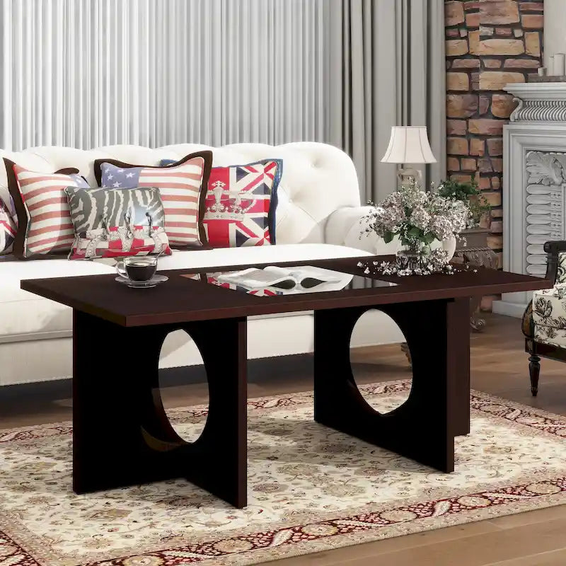 47 Contemporary Wood Rectangular Coffee Table with Clear Tempered Glass Top, Black and Light Espresso Top
