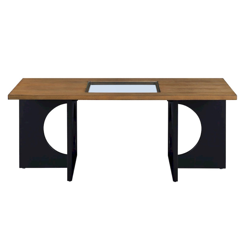 47-Inch Rectangular Coffee Table with Tempered Glass Insert and Circle-Cutout Base, Black Brown