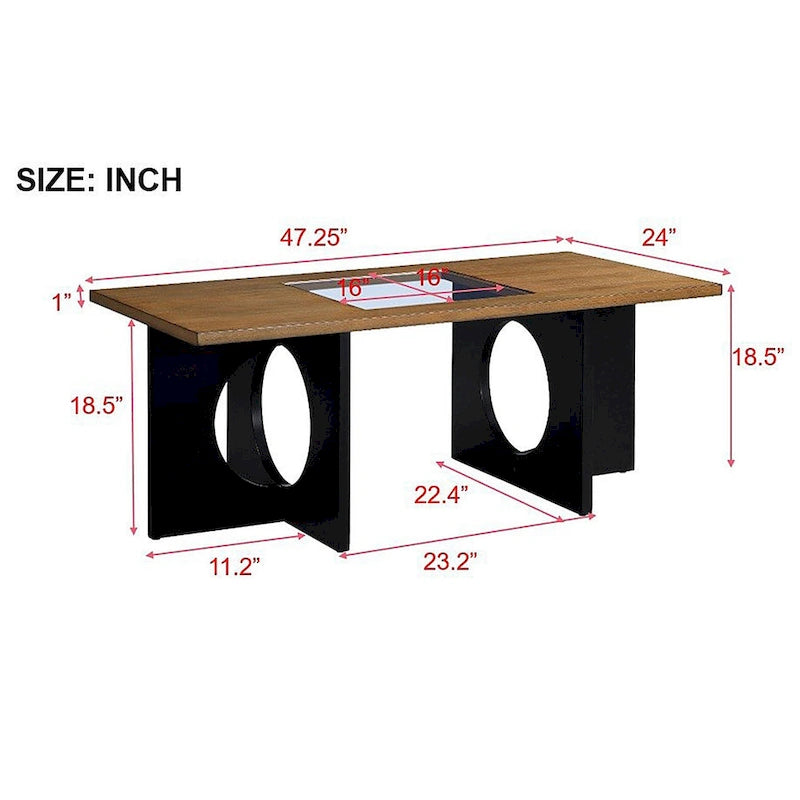 47-Inch Rectangular Coffee Table with Tempered Glass Insert and Circle-Cutout Base, Black Brown