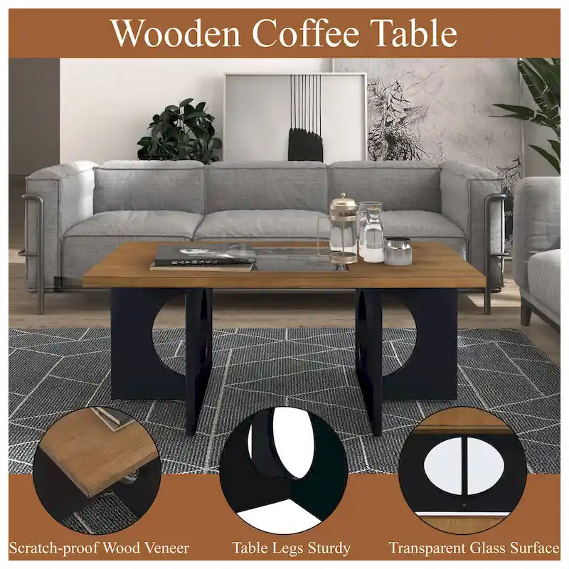 47-Inch Rectangular Coffee Table with Tempered Glass Insert and Circle-Cutout Base, Black Brown