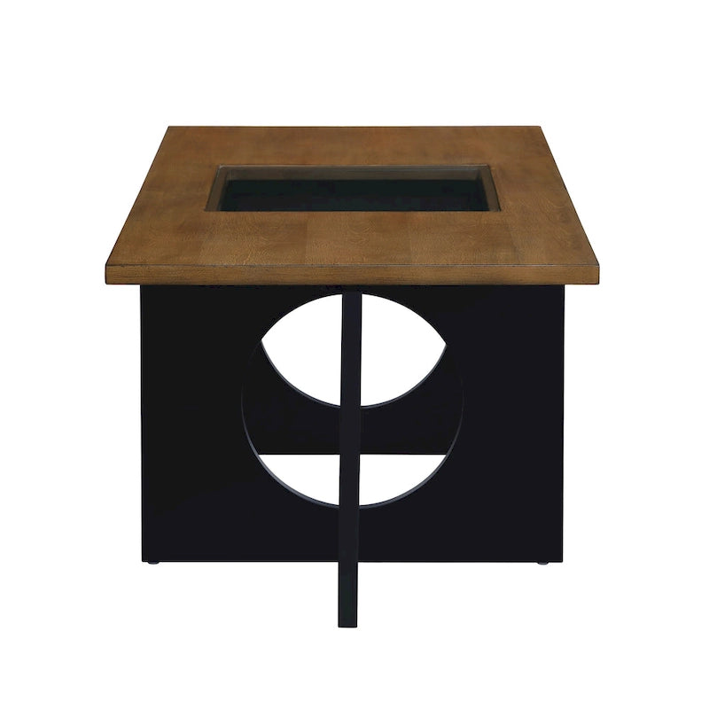 47-Inch Rectangular Coffee Table with Tempered Glass Insert and Circle-Cutout Base, Black Brown