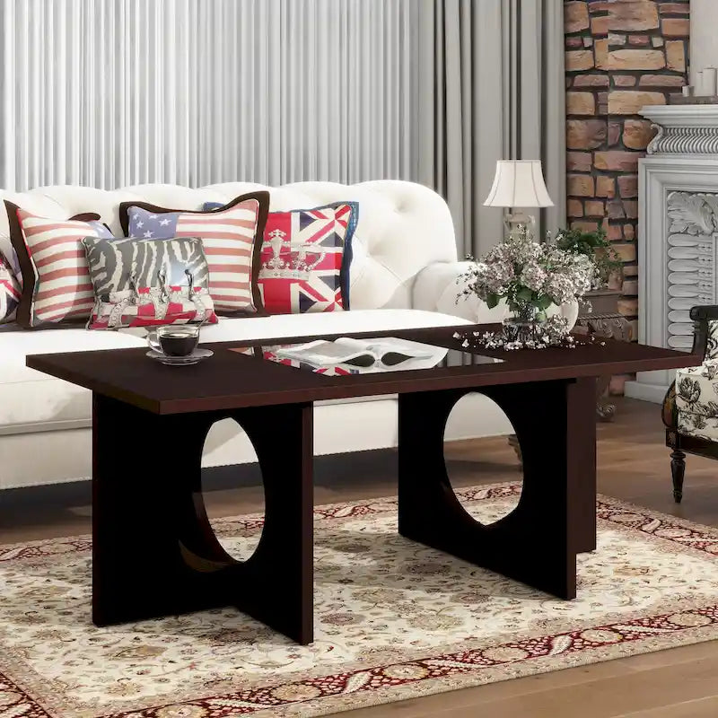 47-Inch Rectangular Coffee Table with Tempered Glass Insert and Circle-Cutout Base, Black Brown