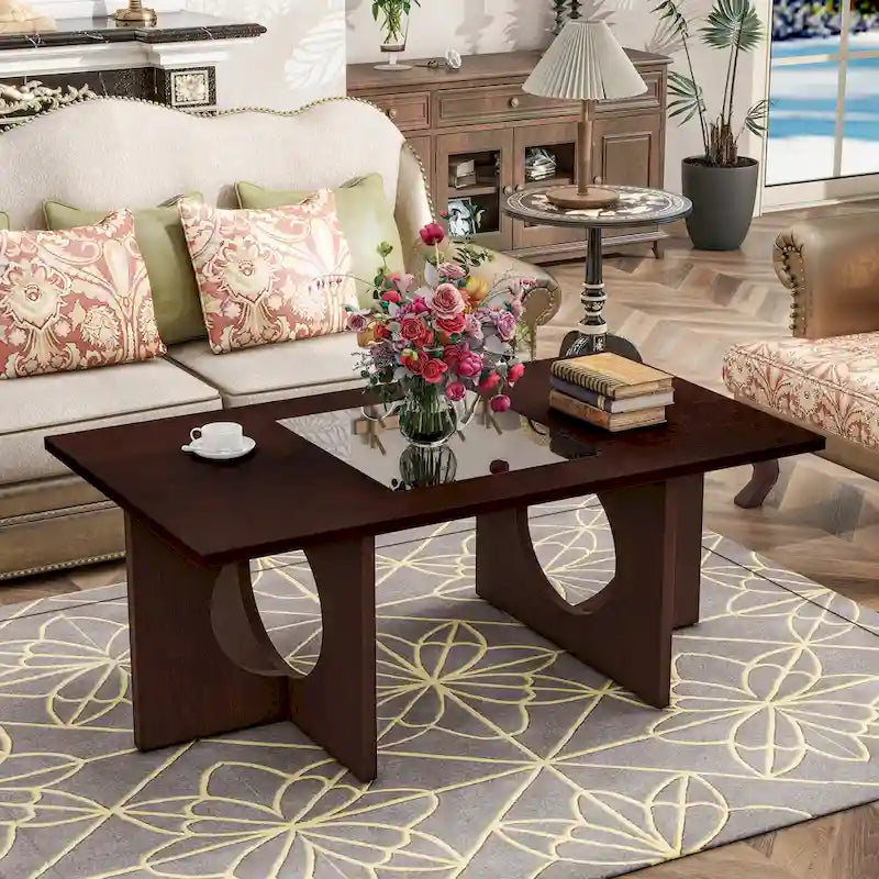 47-Inch Rectangular Coffee Table with Tempered Glass Insert and Circle-Cutout Base, Black Brown