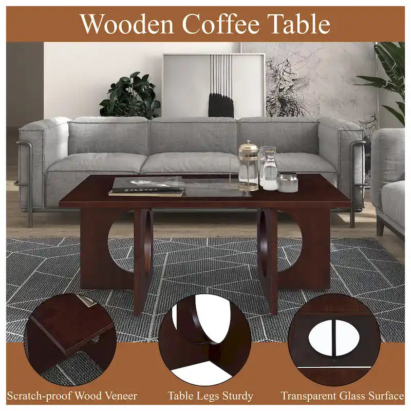 47-Inch Rectangular Coffee Table with Tempered Glass Insert and Circle-Cutout Base, Black Brown