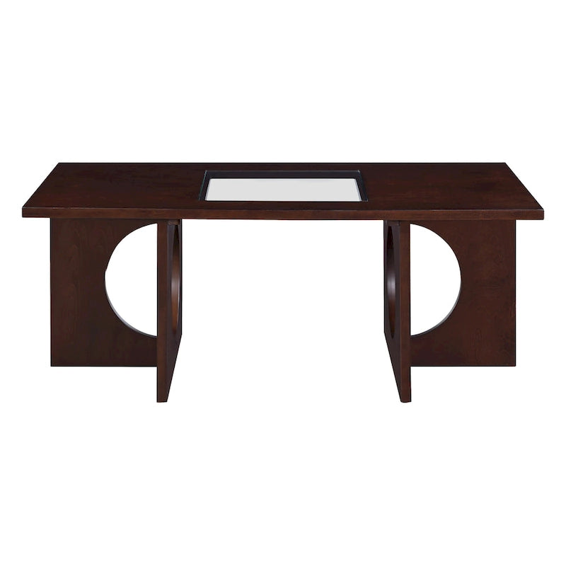 47-Inch Rectangular Coffee Table with Tempered Glass Insert and Circle-Cutout Base, Black Brown