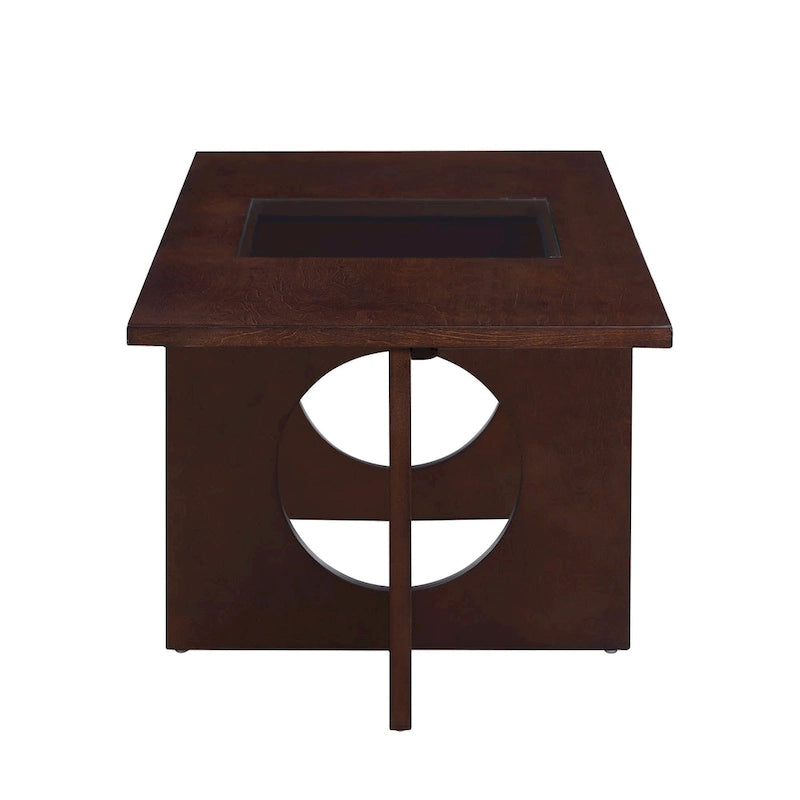 47-Inch Rectangular Coffee Table with Tempered Glass Insert and Circle-Cutout Base, Black Brown