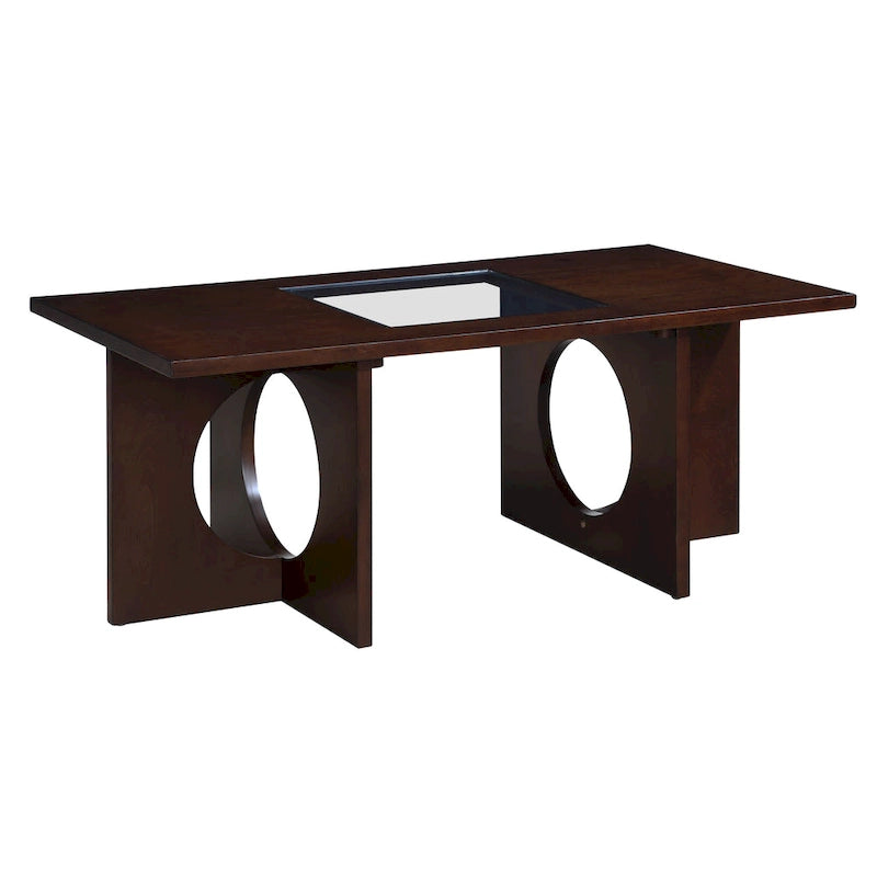 47-Inch Rectangular Coffee Table with Tempered Glass Insert and Circle-Cutout Base, Black Brown