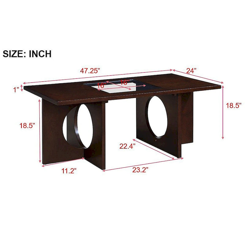 47-Inch Rectangular Coffee Table with Tempered Glass Insert and Circle-Cutout Base, Black Brown