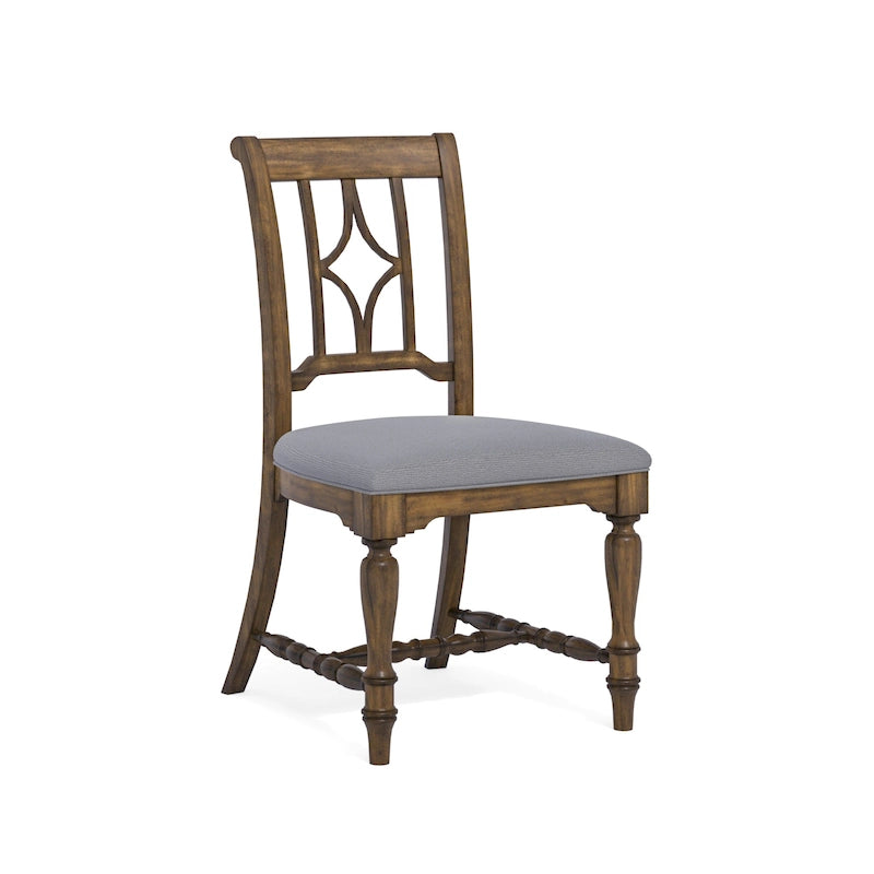Cottage-Style Upholstered Dining Chair with Diamond Open Back and Turned Legs, Gray Brown