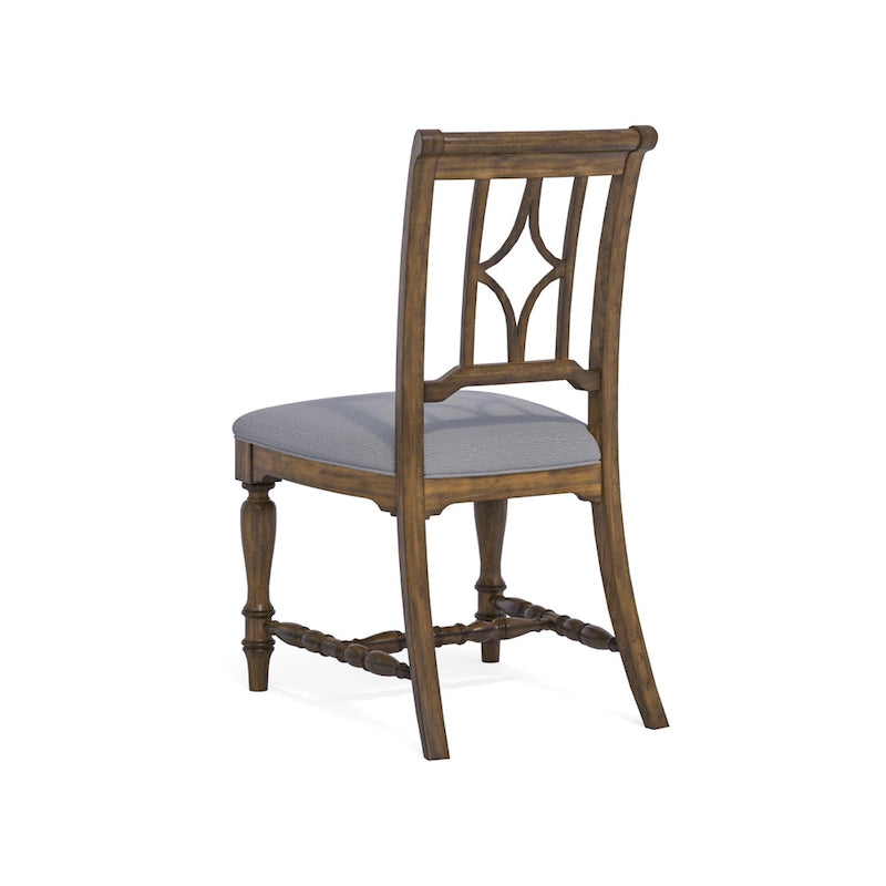 Cottage-Style Upholstered Dining Chair with Diamond Open Back and Turned Legs, Gray Brown
