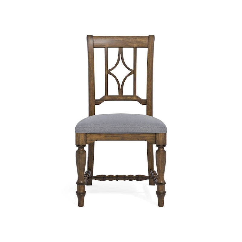 Cottage-Style Upholstered Dining Chair with Diamond Open Back and Turned Legs, Gray Brown