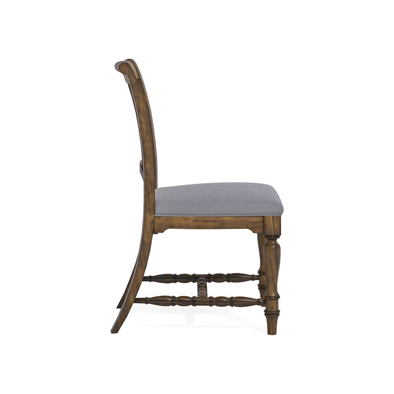 Cottage-Style Upholstered Dining Chair with Diamond Open Back and Turned Legs, Gray Brown