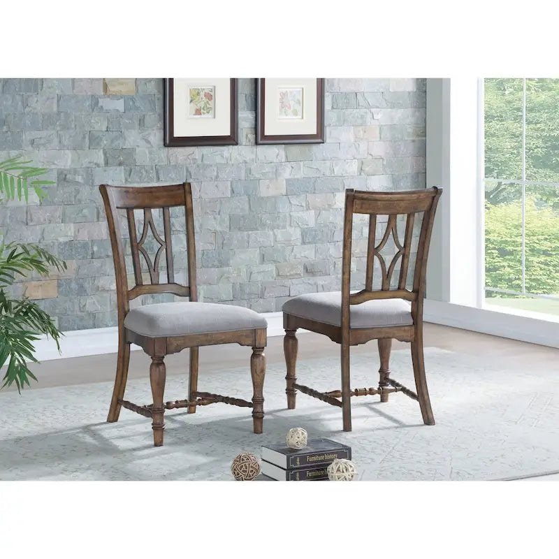 Cottage-Style Upholstered Dining Chair with Diamond Open Back and Turned Legs, Gray Brown
