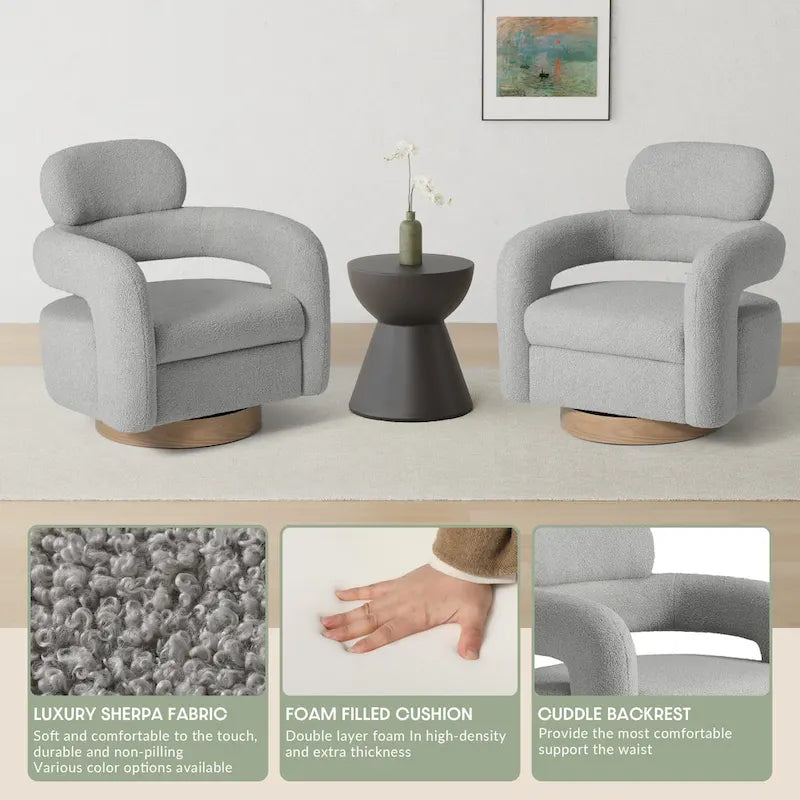 Sherpa Swivel Barrel Accent Chair with Round Metal Base, Set of 2, 8 Colors