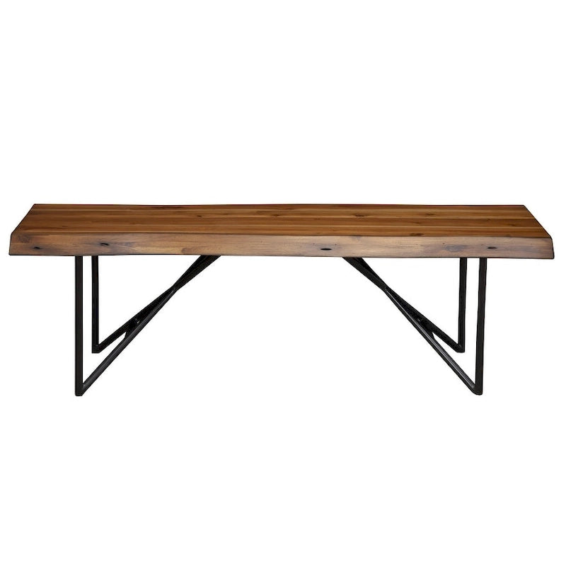 55-Inch Solid Wood Dining Bench with Black Metal X-Frame Legs, Brown