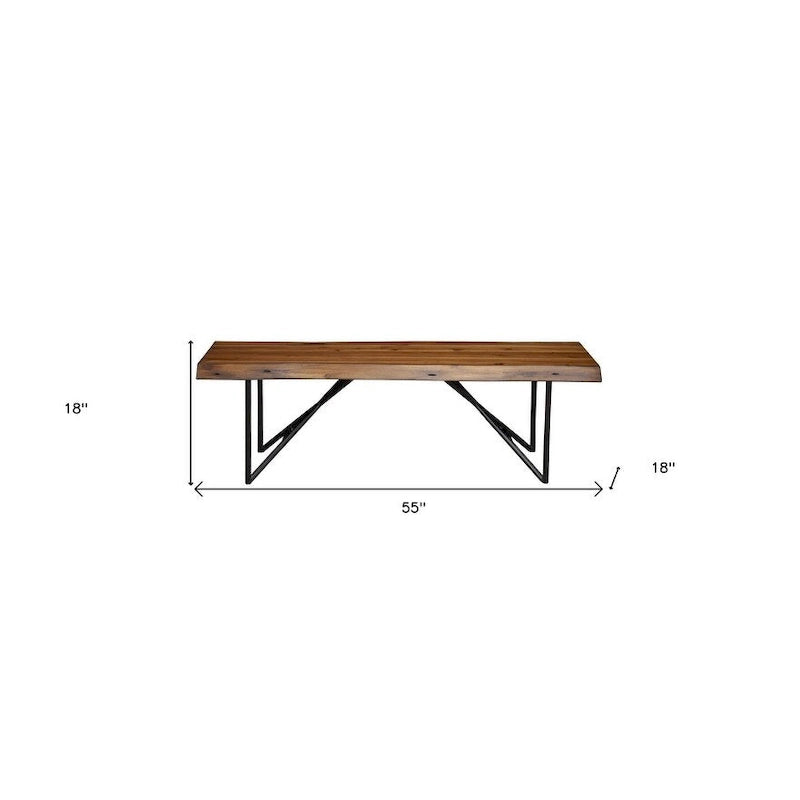55-Inch Solid Wood Dining Bench with Black Metal X-Frame Legs, Brown