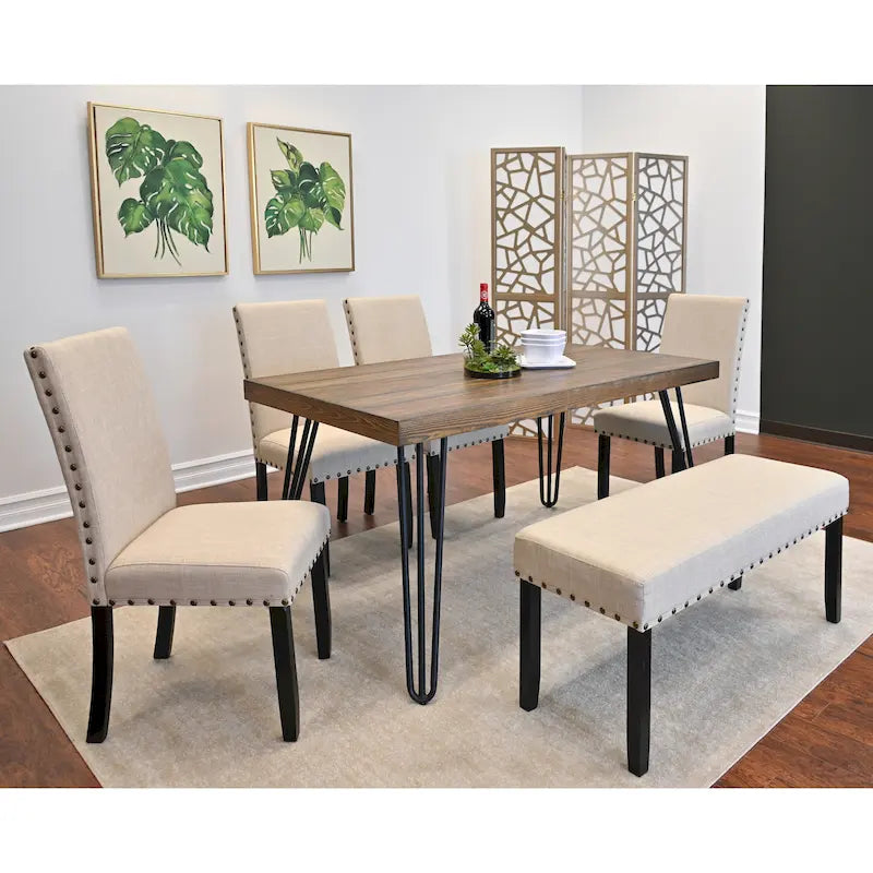 6-Piece Dining Set with Hairpin Leg Table, Nailhead Chairs and Bench, Beige Blue Grey
