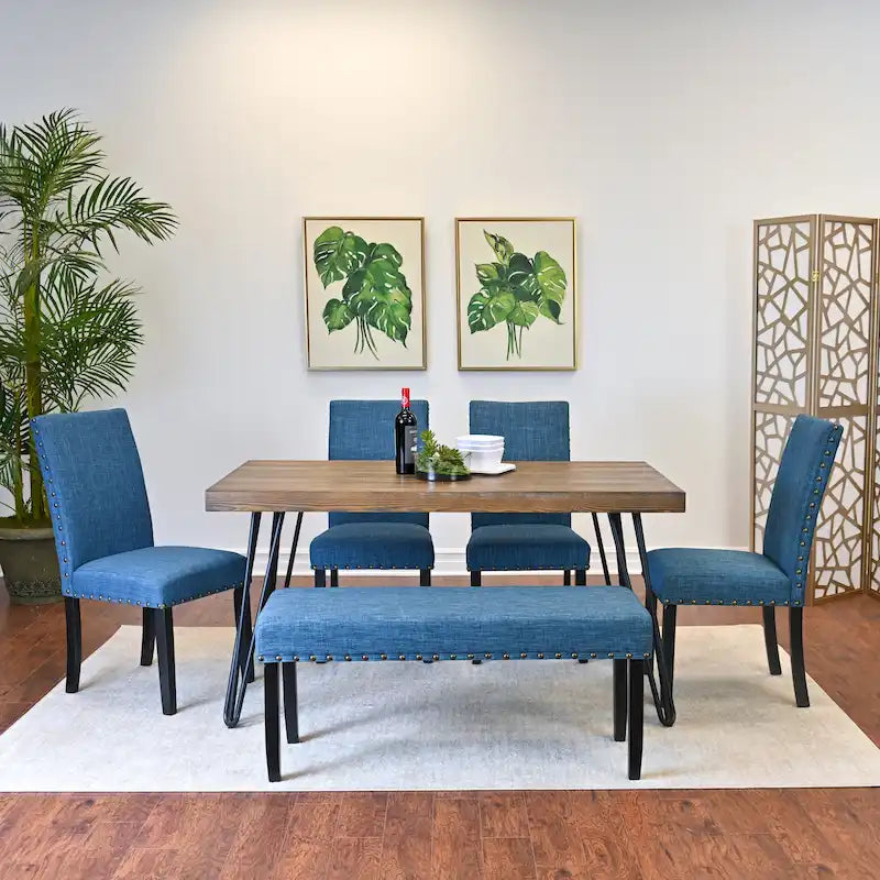 6-Piece Dining Set with Hairpin Leg Table, Nailhead Chairs and Bench, Beige Blue Grey