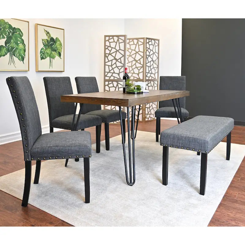 6-Piece Dining Set with Hairpin Leg Table, Nailhead Chairs and Bench, Beige Blue Grey