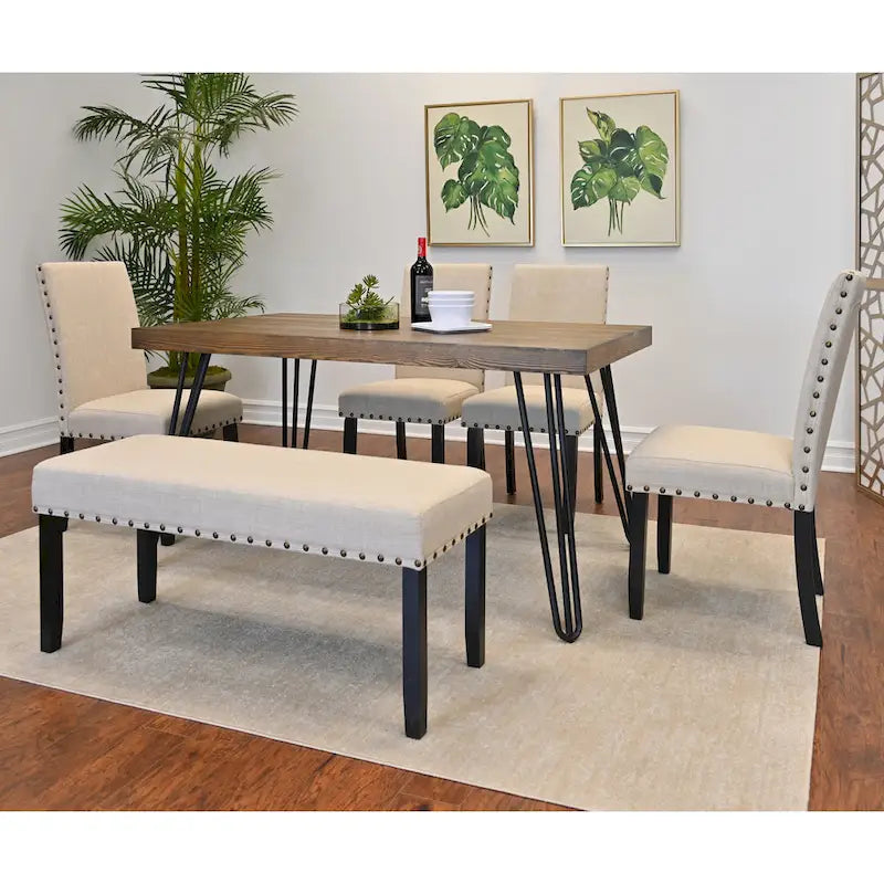 6-Piece Dining Set with Hairpin Leg Table, Nailhead Chairs and Bench, Beige Blue Grey