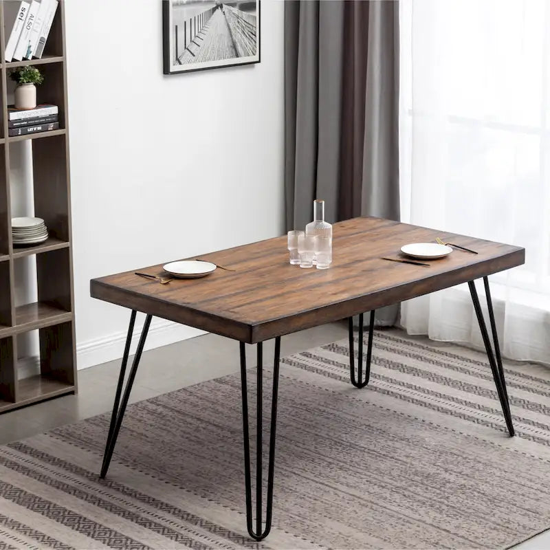 6-Piece Dining Set with Hairpin Leg Table, Nailhead Chairs and Bench, Beige Blue Grey