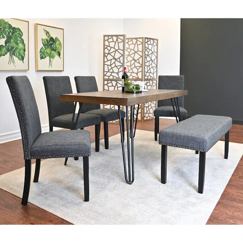 6-Piece Dining Set with Hairpin Leg Table, Nailhead Chairs and Bench, Beige Blue Grey
