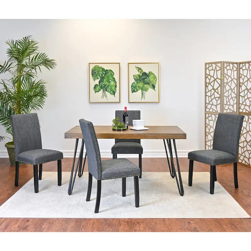 6-Piece Dining Set with Hairpin Leg Table, Nailhead Chairs and Bench, Beige Blue Grey