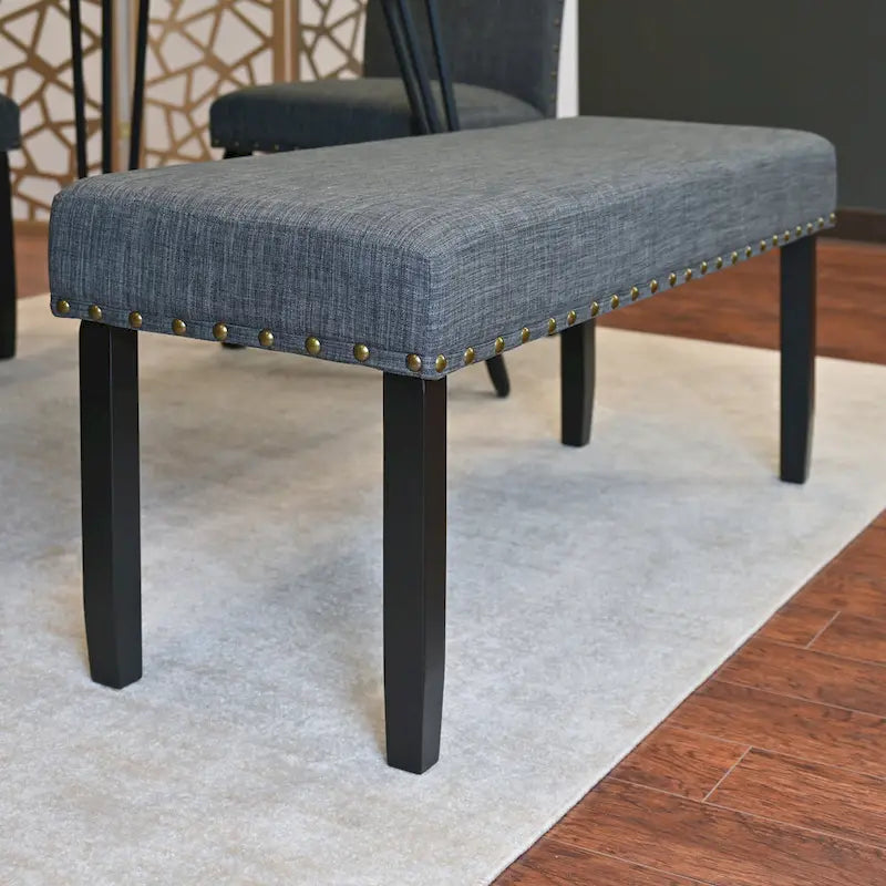 6-Piece Dining Set with Hairpin Leg Table, Nailhead Chairs and Bench, Beige Blue Grey