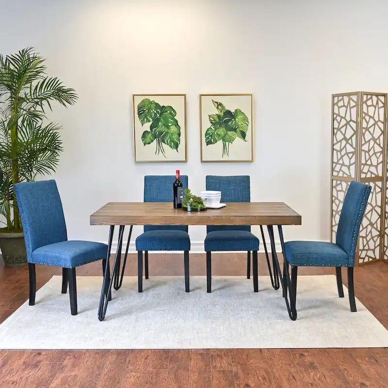 6-Piece Dining Set with Hairpin Leg Table, Nailhead Chairs and Bench, Beige Blue Grey