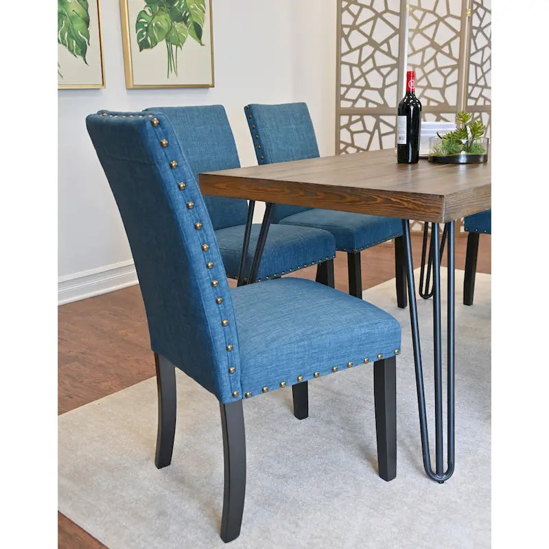 6-Piece Dining Set with Hairpin Leg Table, Nailhead Chairs and Bench, Beige Blue Grey