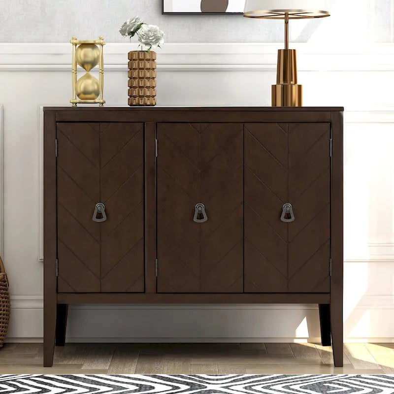 3-Door Storage Sideboard Cabinet with Adjustable Shelves and Pinewood Legs, Brown, Navy Blue, Grey