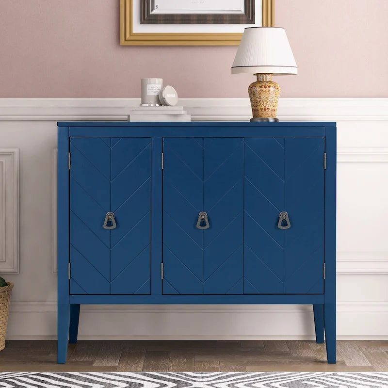 3-Door Storage Sideboard Cabinet with Adjustable Shelves and Pinewood Legs, Brown, Navy Blue, Grey