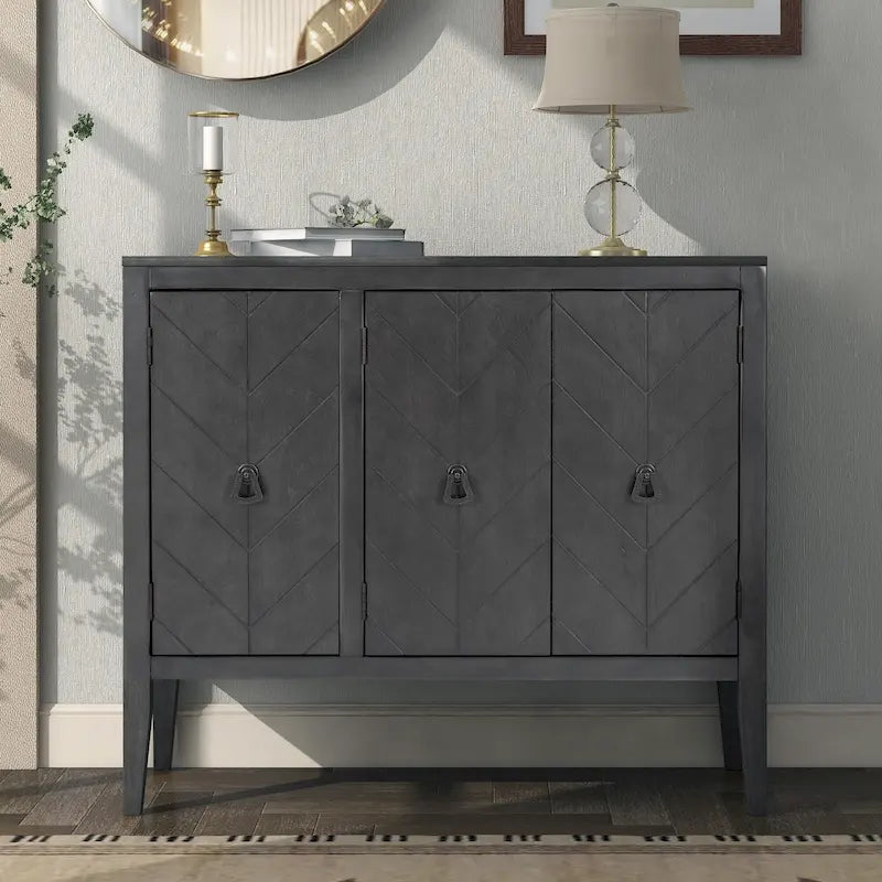 3-Door Storage Sideboard Cabinet with Adjustable Shelves and Pinewood Legs, Brown, Navy Blue, Grey