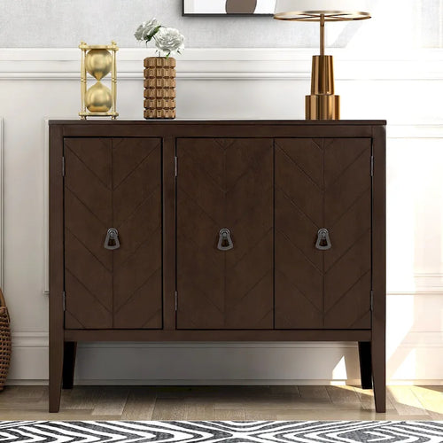 3-Door Storage Sideboard Cabinet with Adjustable Shelves and Pinewood Legs, Brown, Navy Blue, Grey