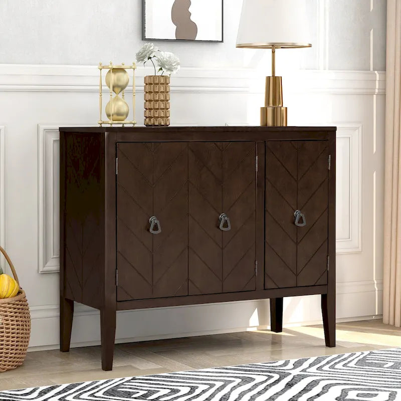 3-Door Storage Sideboard Cabinet with Adjustable Shelves and Pinewood Legs, Brown, Navy Blue, Grey