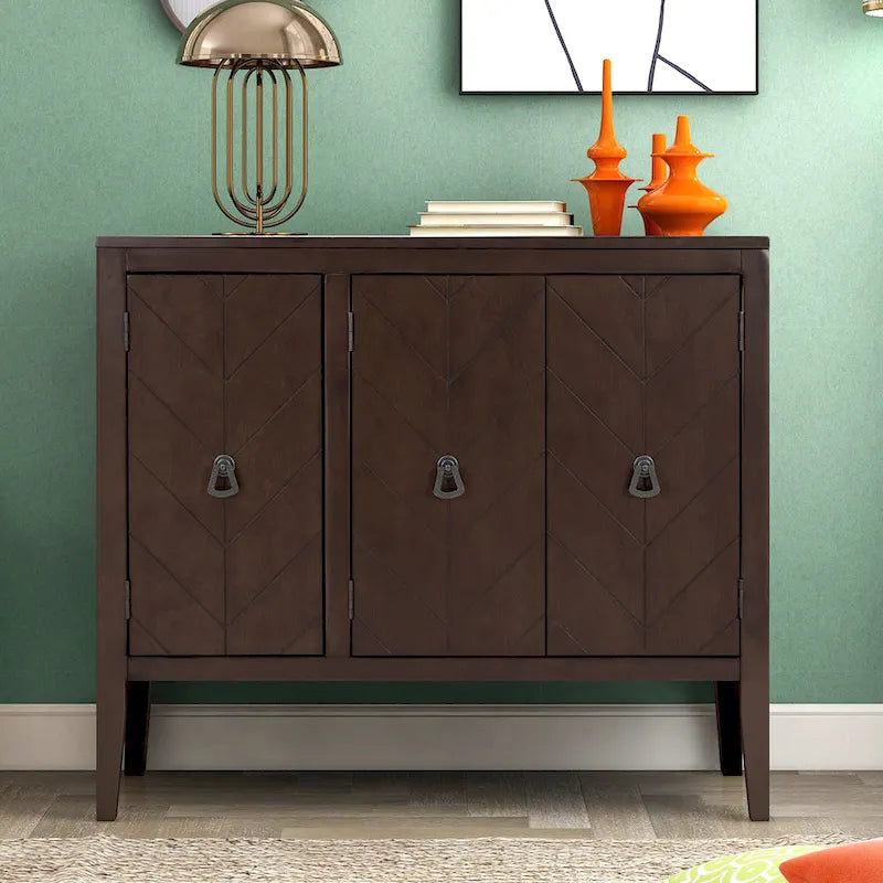 3-Door Storage Sideboard Cabinet with Adjustable Shelves and Pinewood Legs, Brown, Navy Blue, Grey