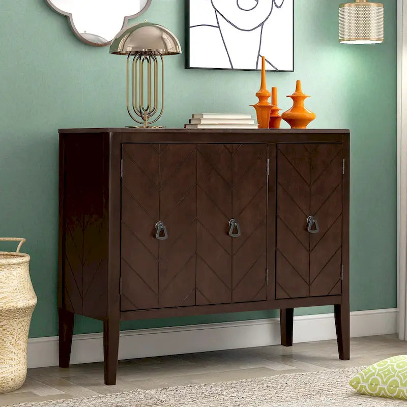 3-Door Storage Sideboard Cabinet with Adjustable Shelves and Pinewood Legs, Brown, Navy Blue, Grey